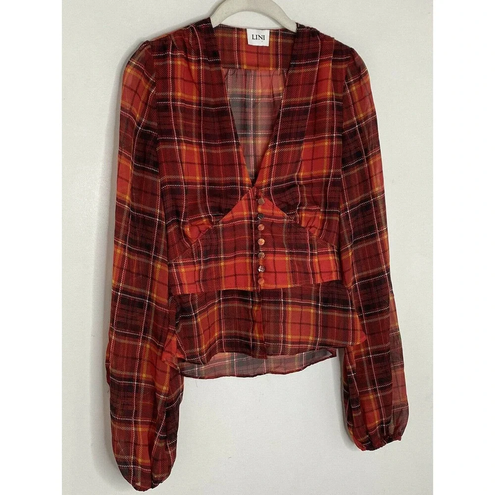$192 LINI Women's Red Plaid V-Neck Sheer Long Balloon-Sleeve V-Neck Blouse XS - Picture 4 of 7